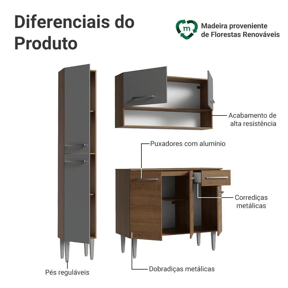 Armário de Cozinha Compacta 137 cm Rustic/Cinza Emilly Madesa 012 - Image 4
