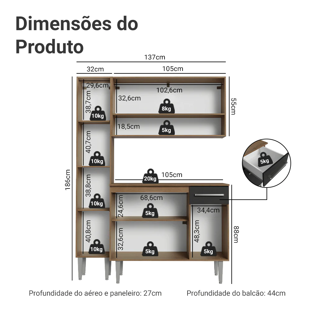 Armário de Cozinha Compacta 137 cm Rustic/Preto Emilly Madesa 012 - Image 3