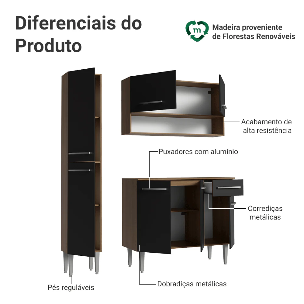 Armário de Cozinha Compacta 137 cm Rustic/Preto Emilly Madesa 012 - Image 4