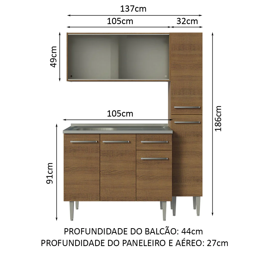 Armário de Cozinha Compacta 137cm com Pia Rustic Emilly Madesa 07 - Image 3