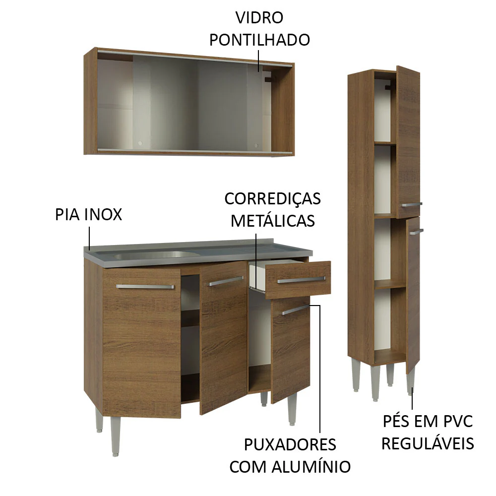 Armário de Cozinha Compacta 137cm com Pia Rustic Emilly Madesa 07 - Image 4