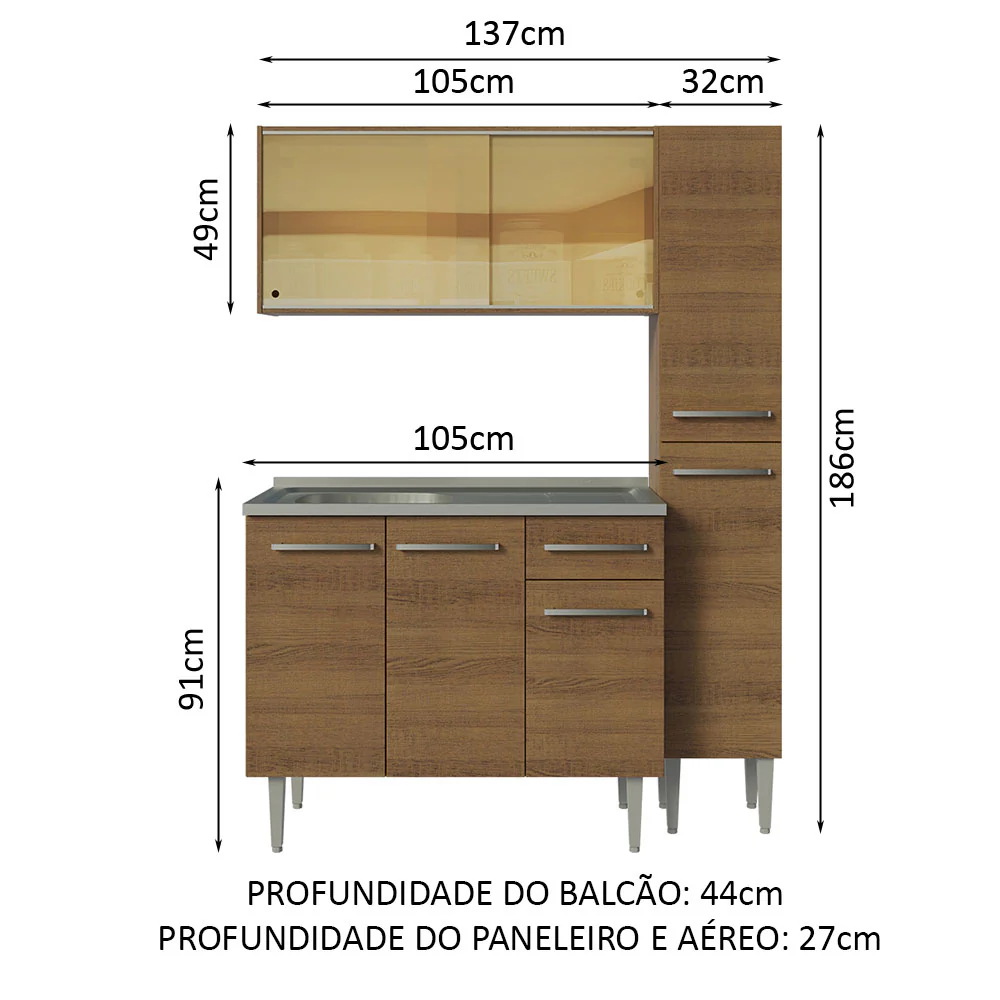 Armário de Cozinha Compacta 137cm com Pia Rustic Emilly Madesa 08 - Image 3