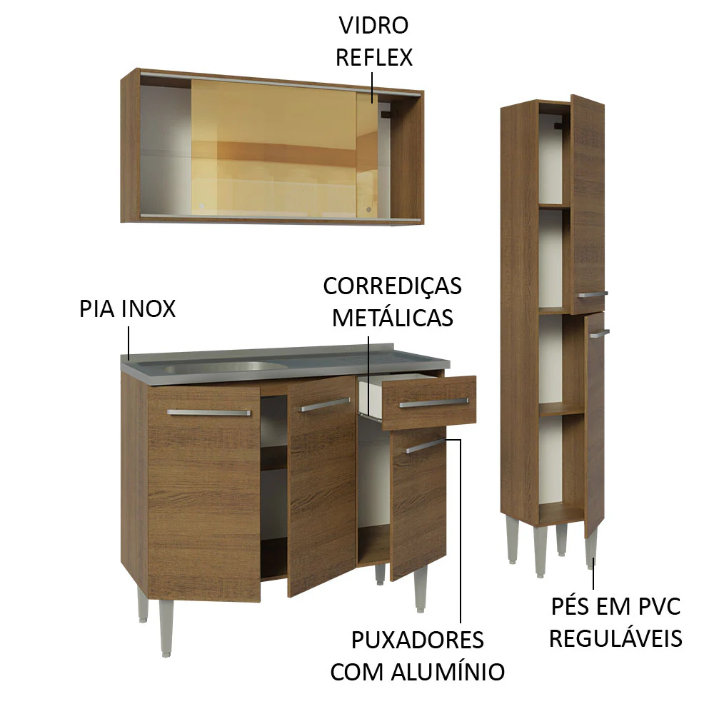 Armário de Cozinha Compacta 137cm com Pia Rustic Emilly Madesa 08 - Image 4