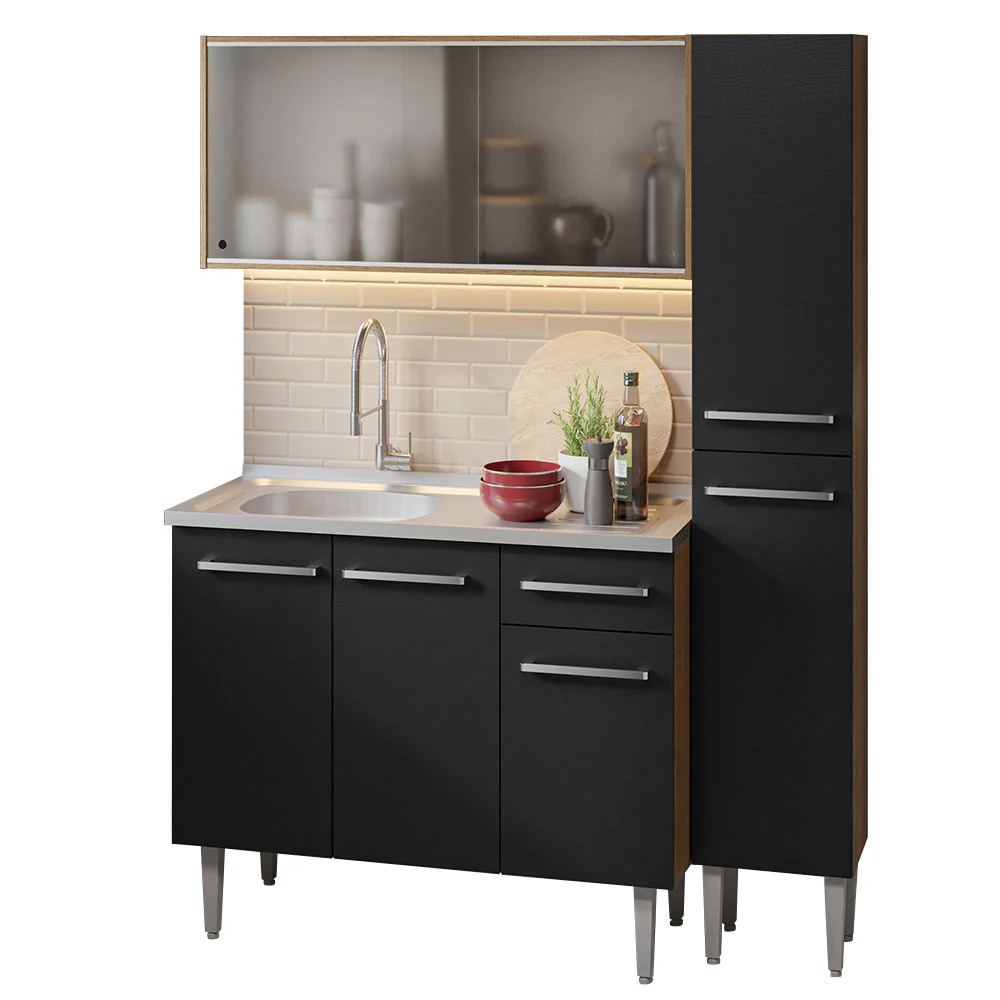 Armário de Cozinha Compacta 137cm com Pia Rustic/Preto Emilly Madesa 07 - Image 2