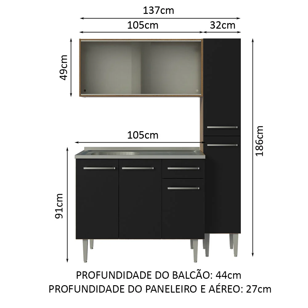 Armário de Cozinha Compacta 137cm com Pia Rustic/Preto Emilly Madesa 07 - Image 3