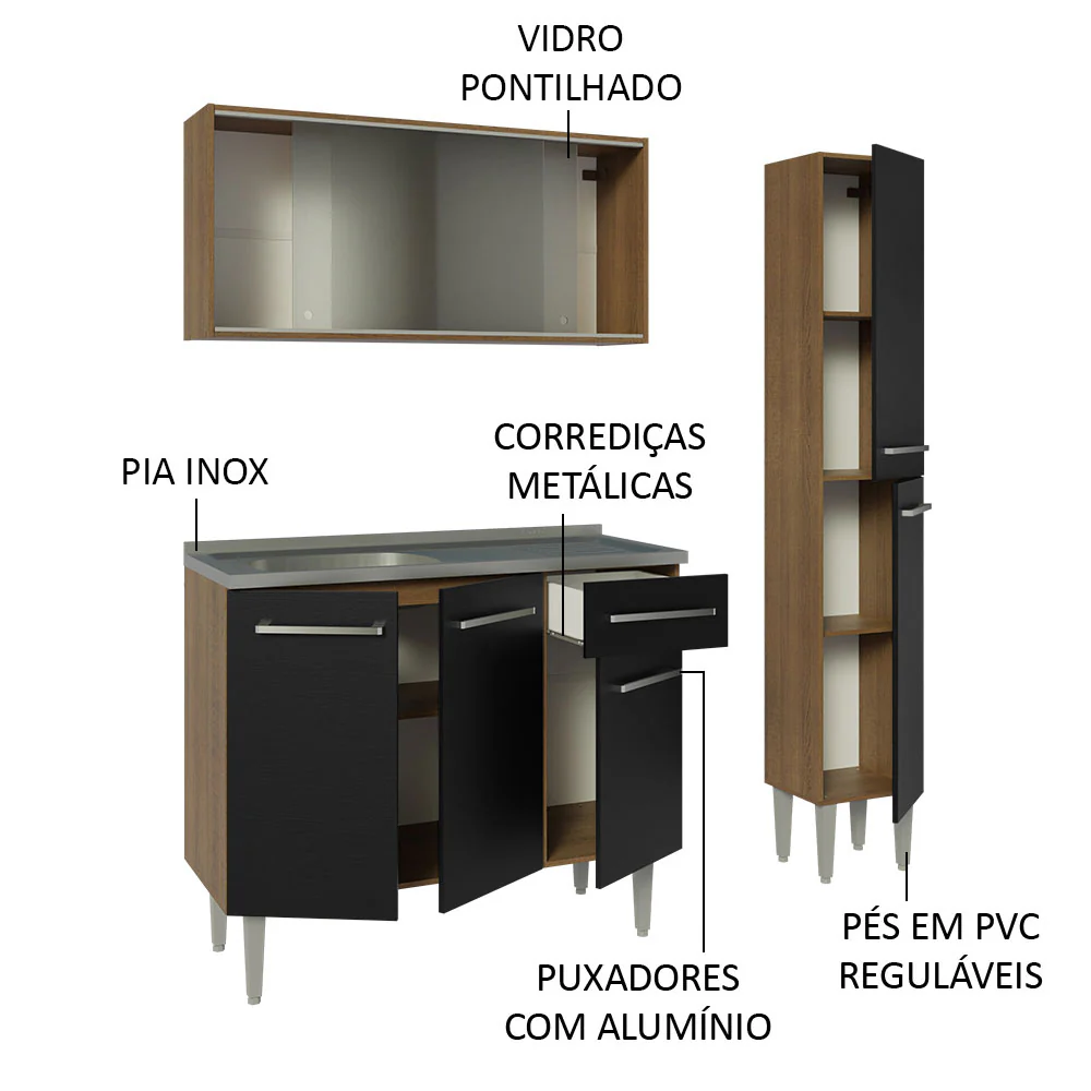 Armário de Cozinha Compacta 137cm com Pia Rustic/Preto Emilly Madesa 07 - Image 4