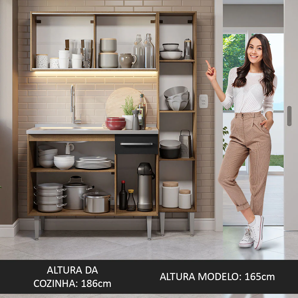 Armário de Cozinha Compacta 137cm com Pia Rustic/Preto Emilly Madesa 07 - Image 5