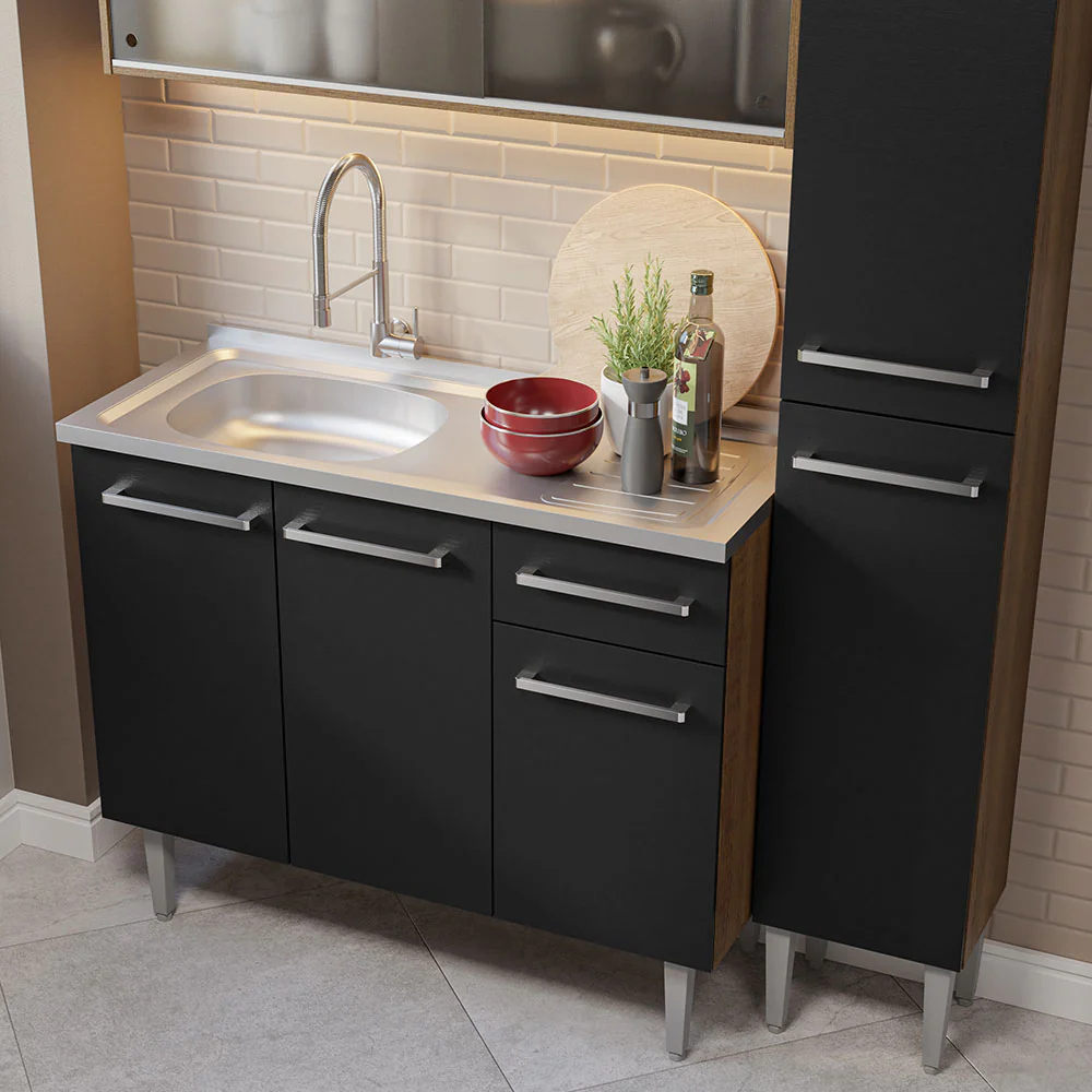 Armário de Cozinha Compacta 137cm com Pia Rustic/Preto Emilly Madesa 07 - Image 6