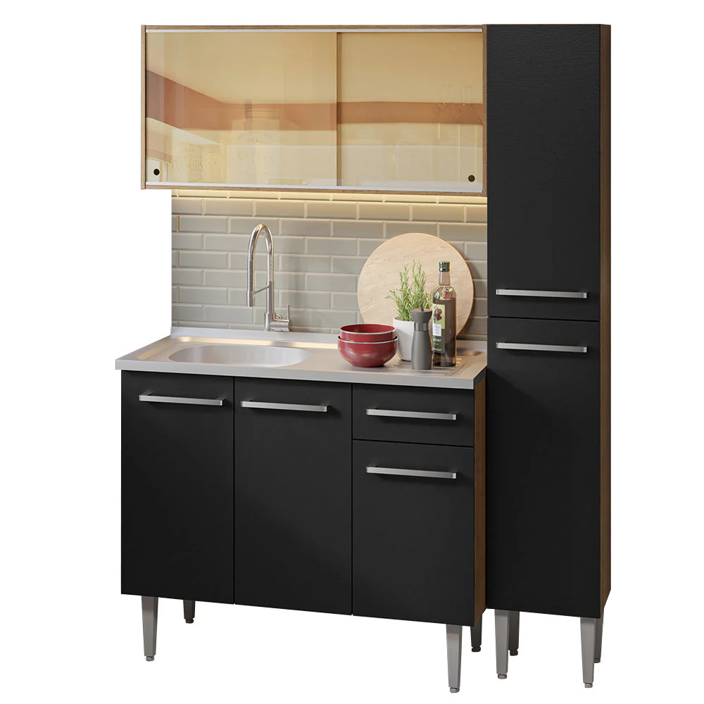 Armário de Cozinha Compacta 137cm com Pia Rustic/Preto Emilly Madesa 08 - Image 2