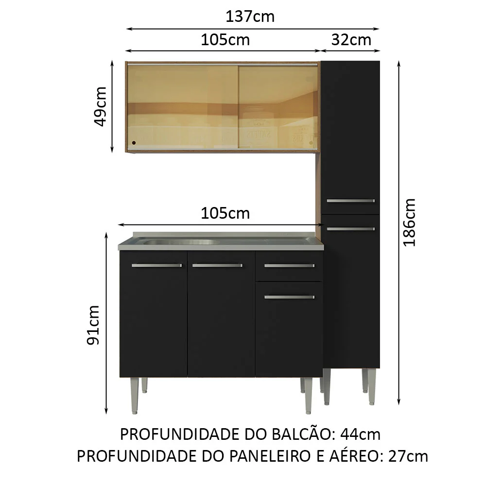 Armário de Cozinha Compacta 137cm com Pia Rustic/Preto Emilly Madesa 08 - Image 3