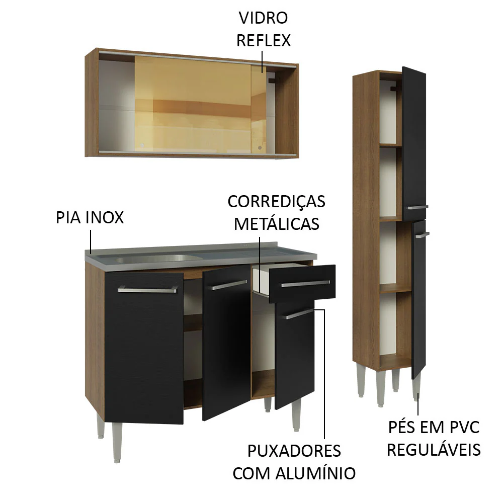 Armário de Cozinha Compacta 137cm com Pia Rustic/Preto Emilly Madesa 08 - Image 4