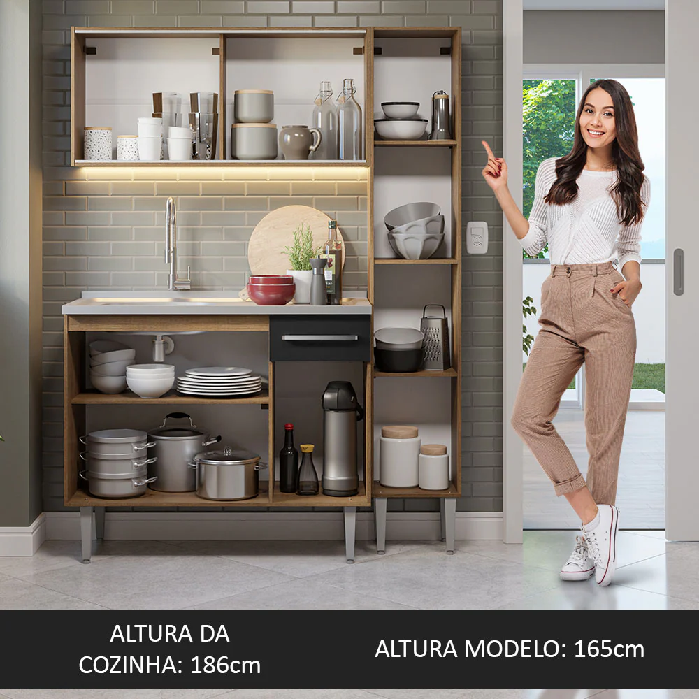 Armário de Cozinha Compacta 137cm com Pia Rustic/Preto Emilly Madesa 08 - Image 5
