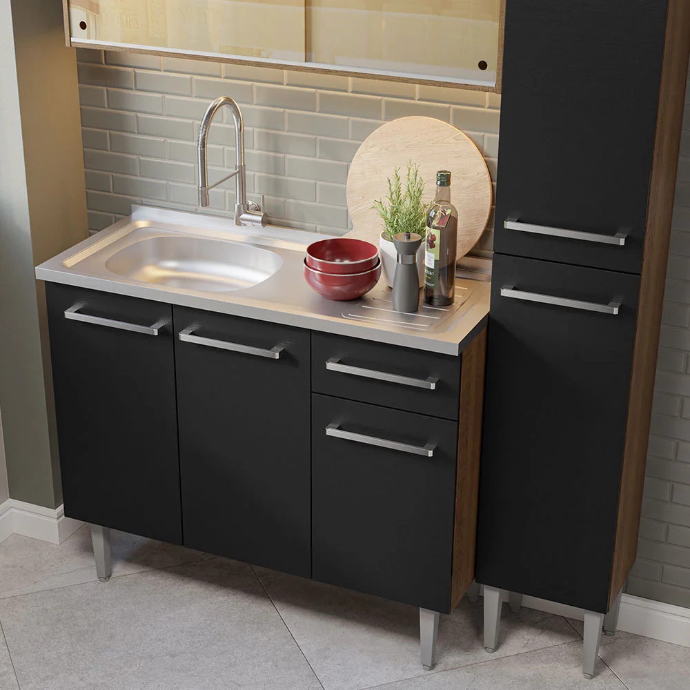 Armário de Cozinha Compacta 137cm com Pia Rustic/Preto Emilly Madesa 08 - Image 6