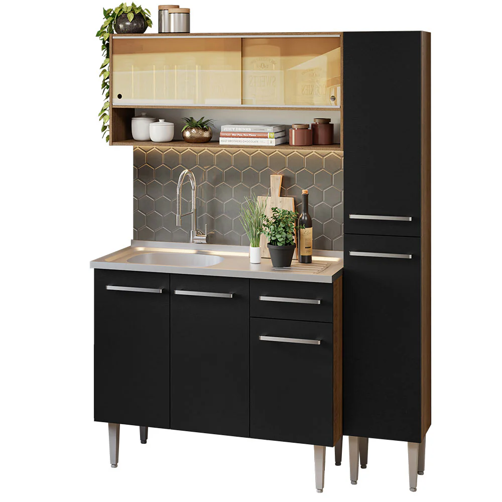 Armário de Cozinha Compacta 137cm com Pia Rustic/Preto Emilly Madesa 10 - Image 2