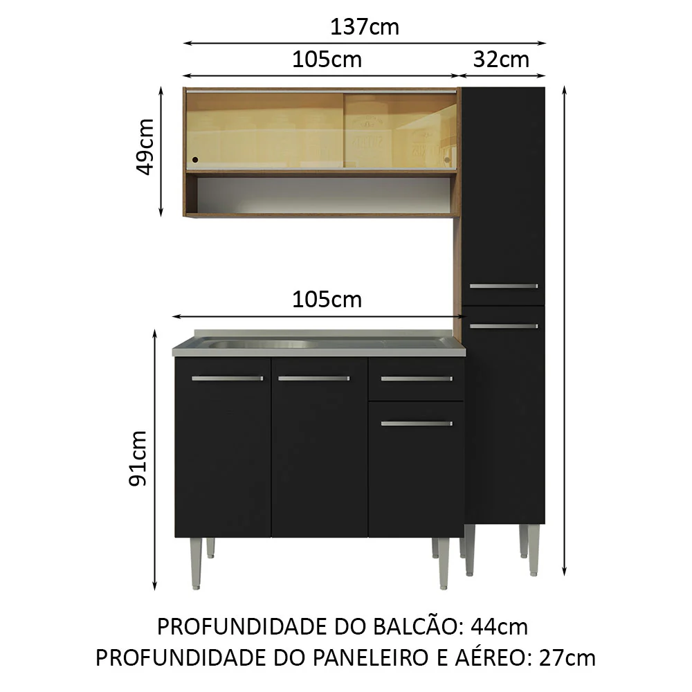 Armário de Cozinha Compacta 137cm com Pia Rustic/Preto Emilly Madesa 10 - Image 3