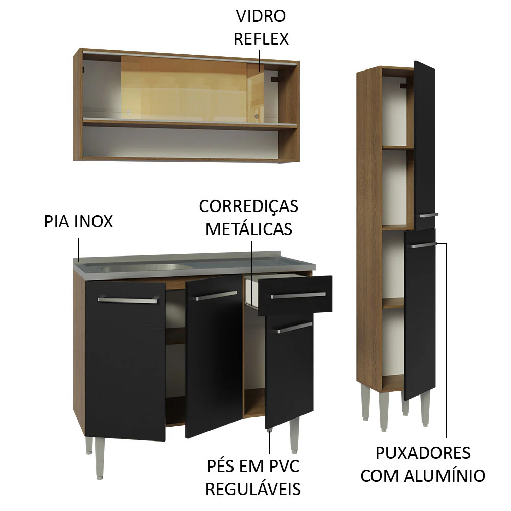 Armário de Cozinha Compacta 137cm com Pia Rustic/Preto Emilly Madesa 10 - Image 4