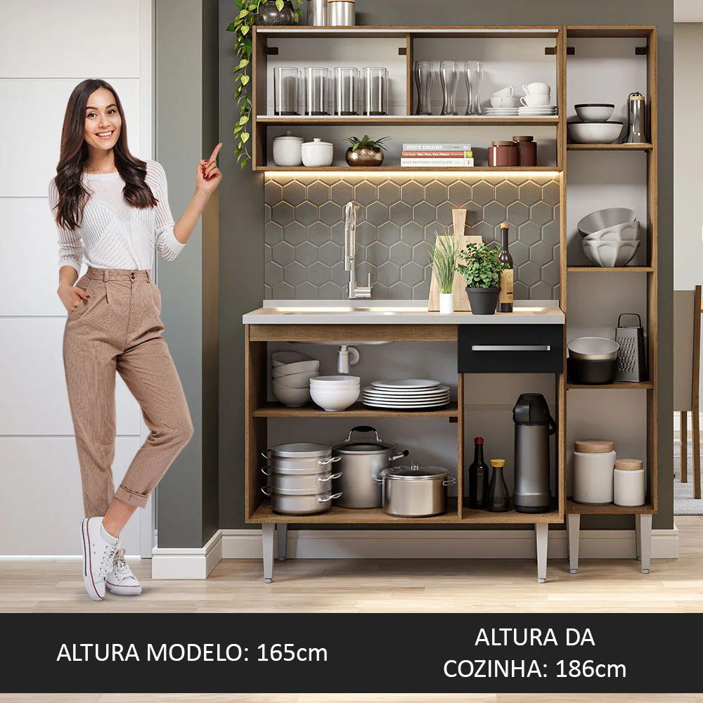 Armário de Cozinha Compacta 137cm com Pia Rustic/Preto Emilly Madesa 10 - Image 5