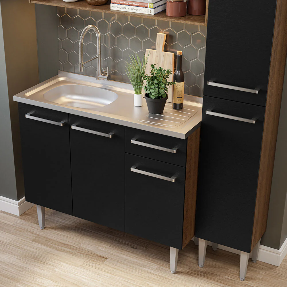 Armário de Cozinha Compacta 137cm com Pia Rustic/Preto Emilly Madesa 10 - Image 6