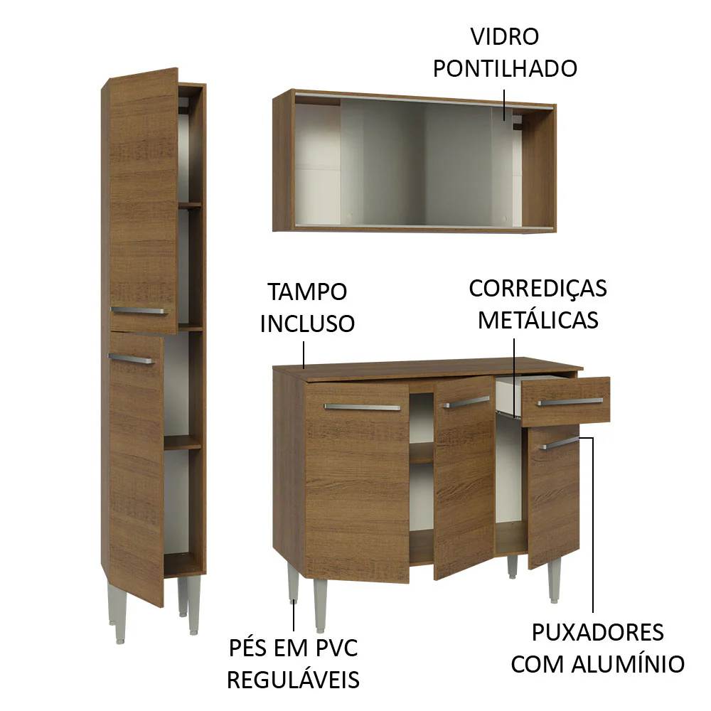 Armário de Cozinha Compacta 137cm Rustic Emilly Madesa 05 - Image 4