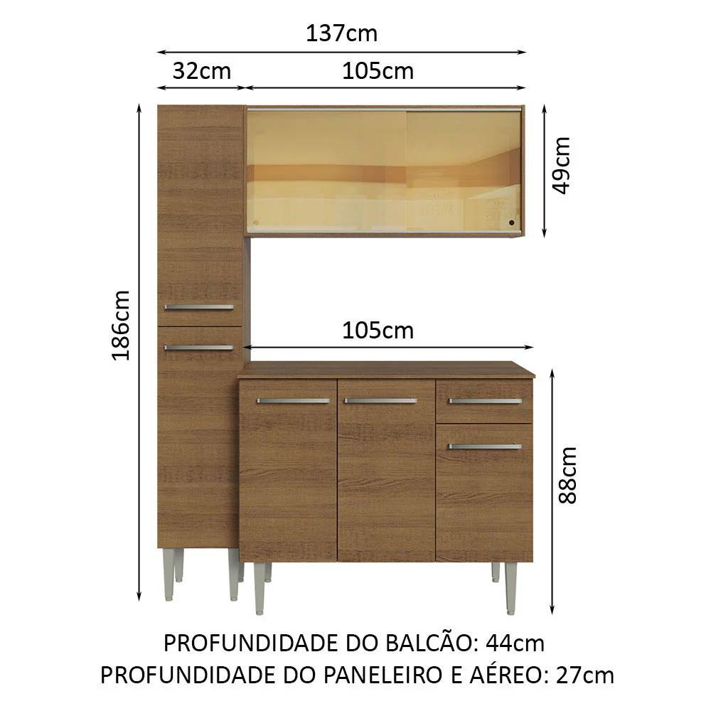 Armário de Cozinha Compacta 137cm Rustic Emilly Madesa 06 - Image 3