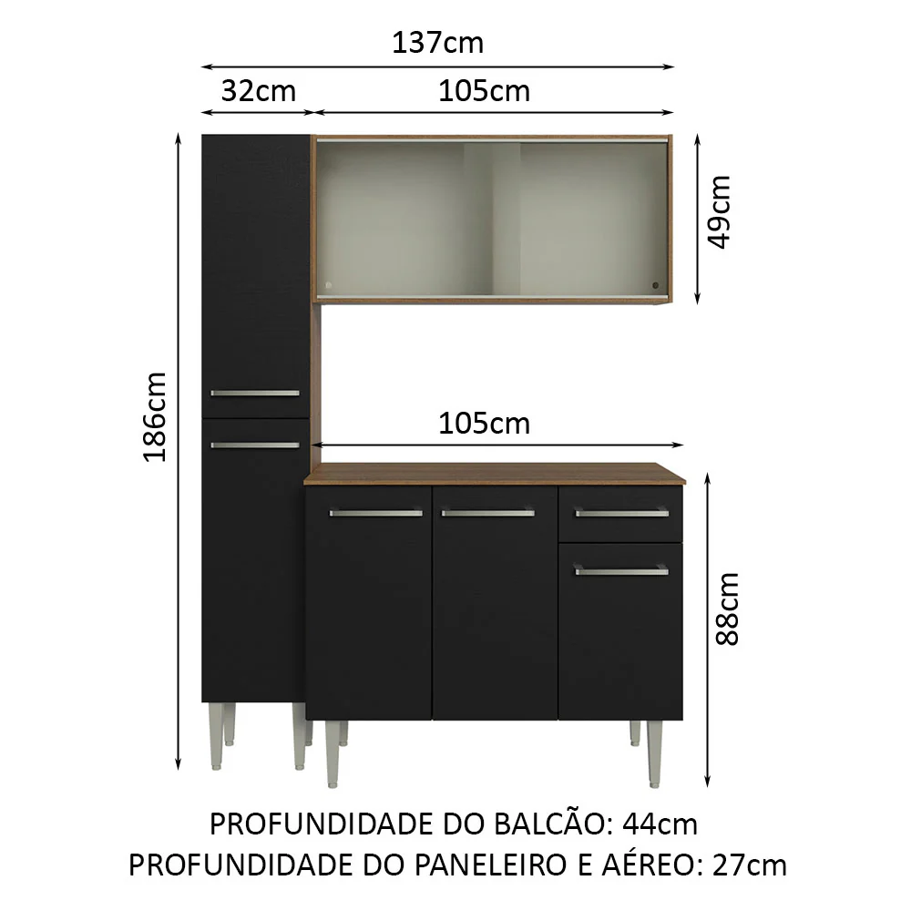 Armário de Cozinha Compacta 137cm Rustic/Preto Emilly Madesa 05 - Image 3