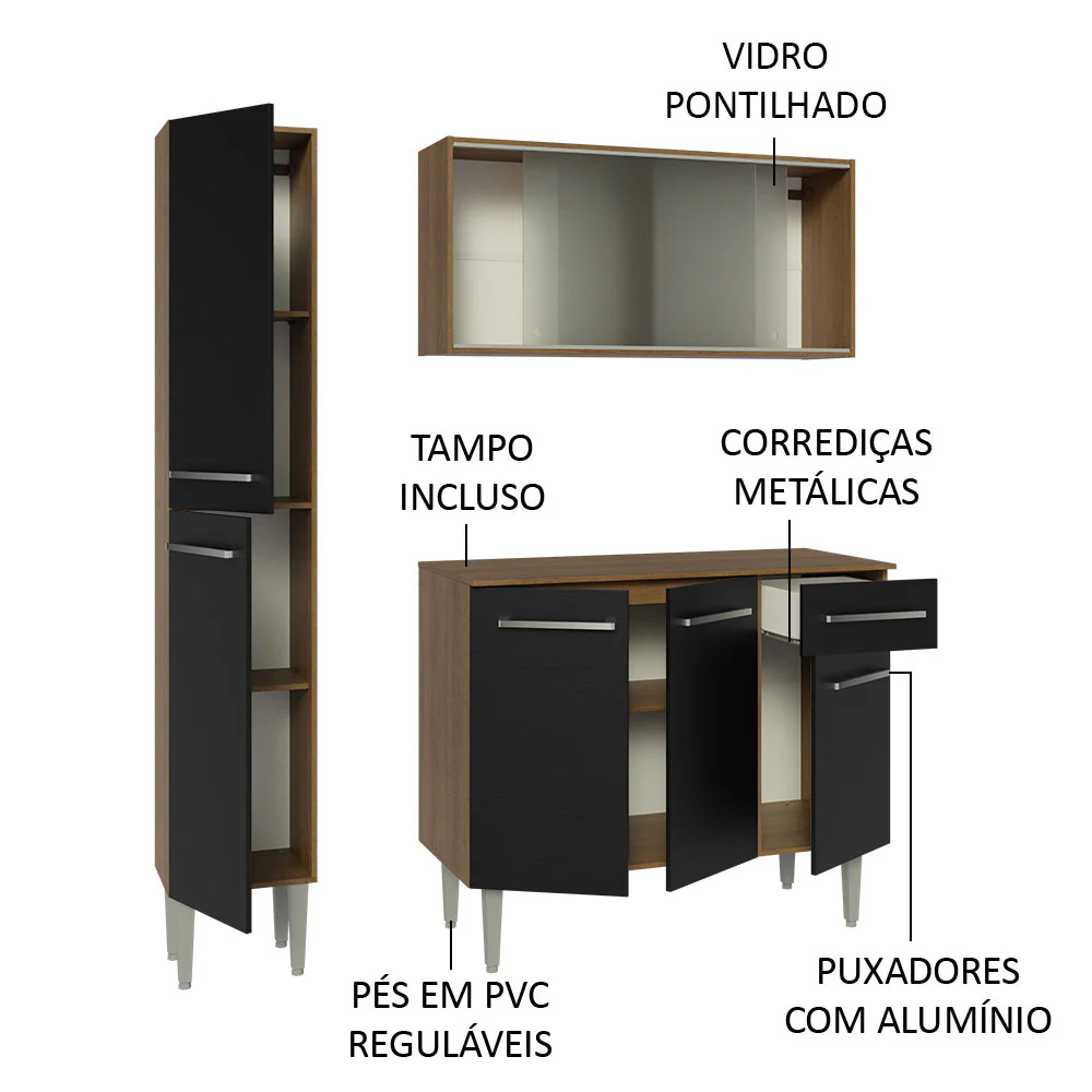 Armário de Cozinha Compacta 137cm Rustic/Preto Emilly Madesa 05 - Image 4