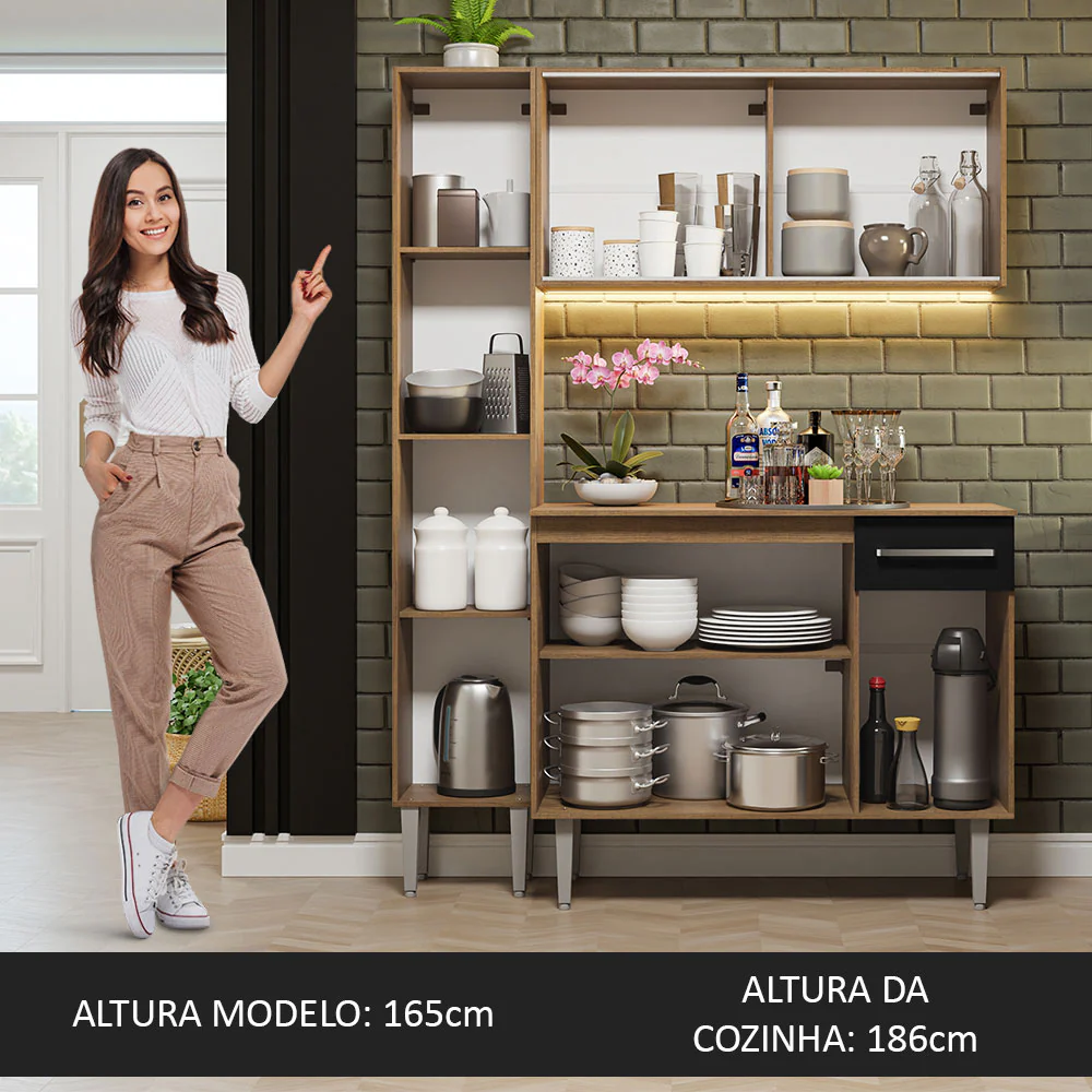 Armário de Cozinha Compacta 137cm Rustic/Preto Emilly Madesa 05 - Image 5