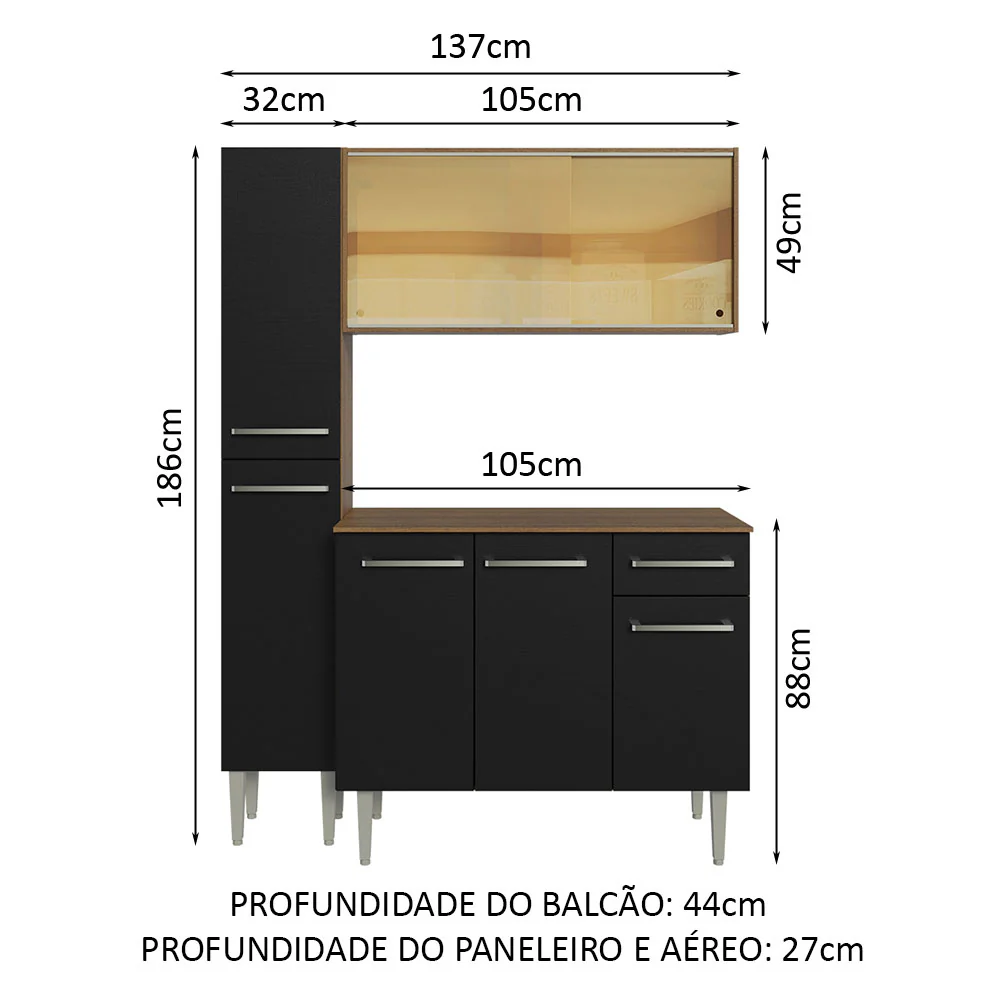 Armário de Cozinha Compacta 137cm Rustic/Preto Emilly Madesa 06 - Image 3