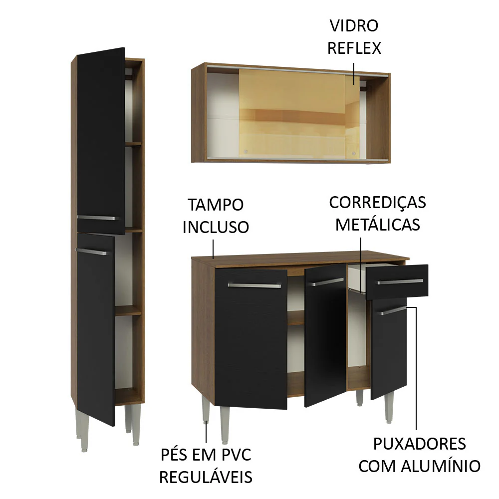 Armário de Cozinha Compacta 137cm Rustic/Preto Emilly Madesa 06 - Image 4