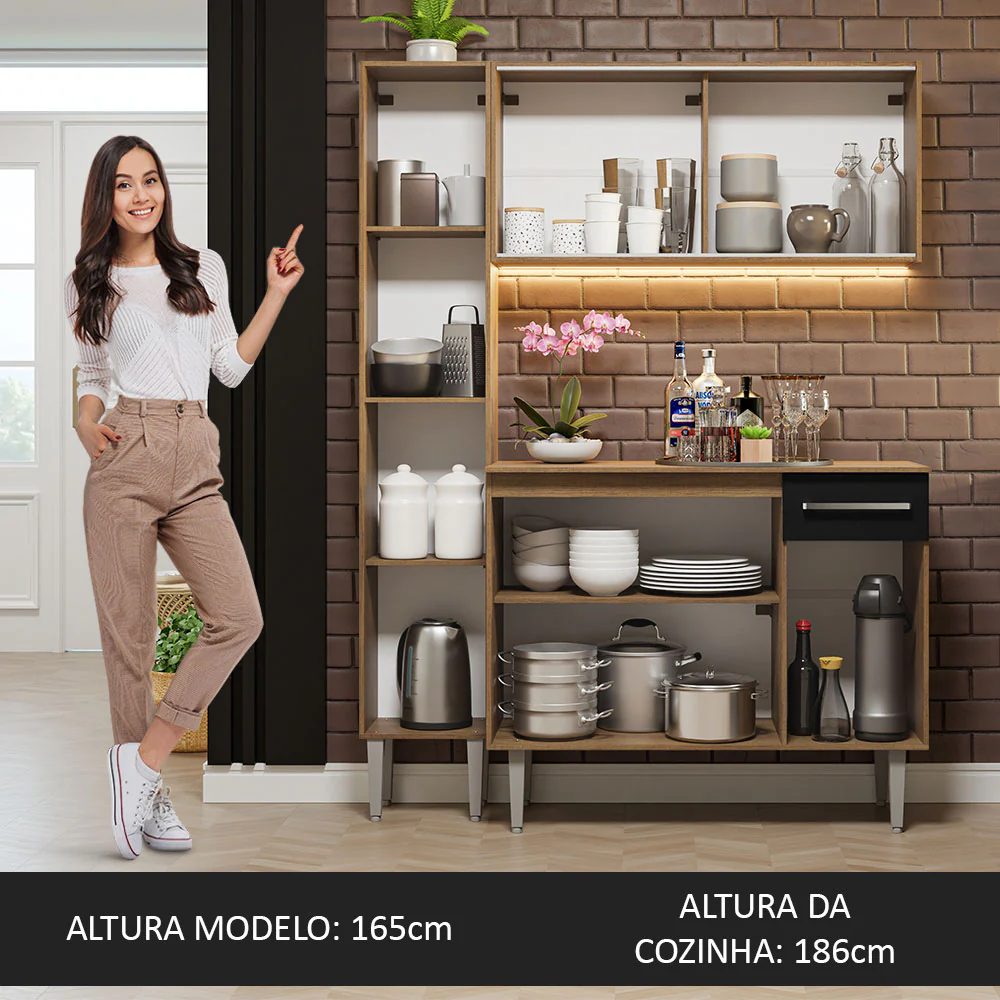 Armário de Cozinha Compacta 137cm Rustic/Preto Emilly Madesa 06 - Image 5