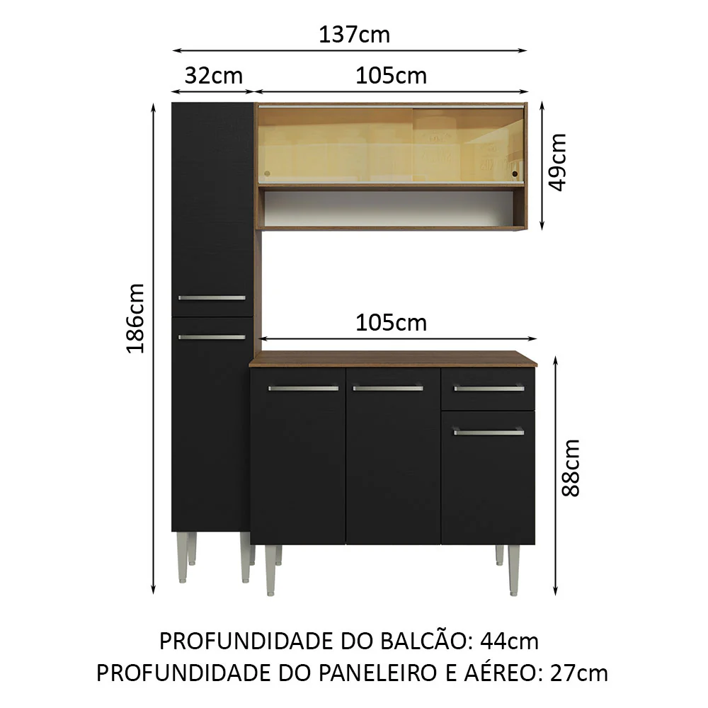 Armário de Cozinha Compacta 137cm Rustic/Preto Emilly Madesa 09 - Image 3