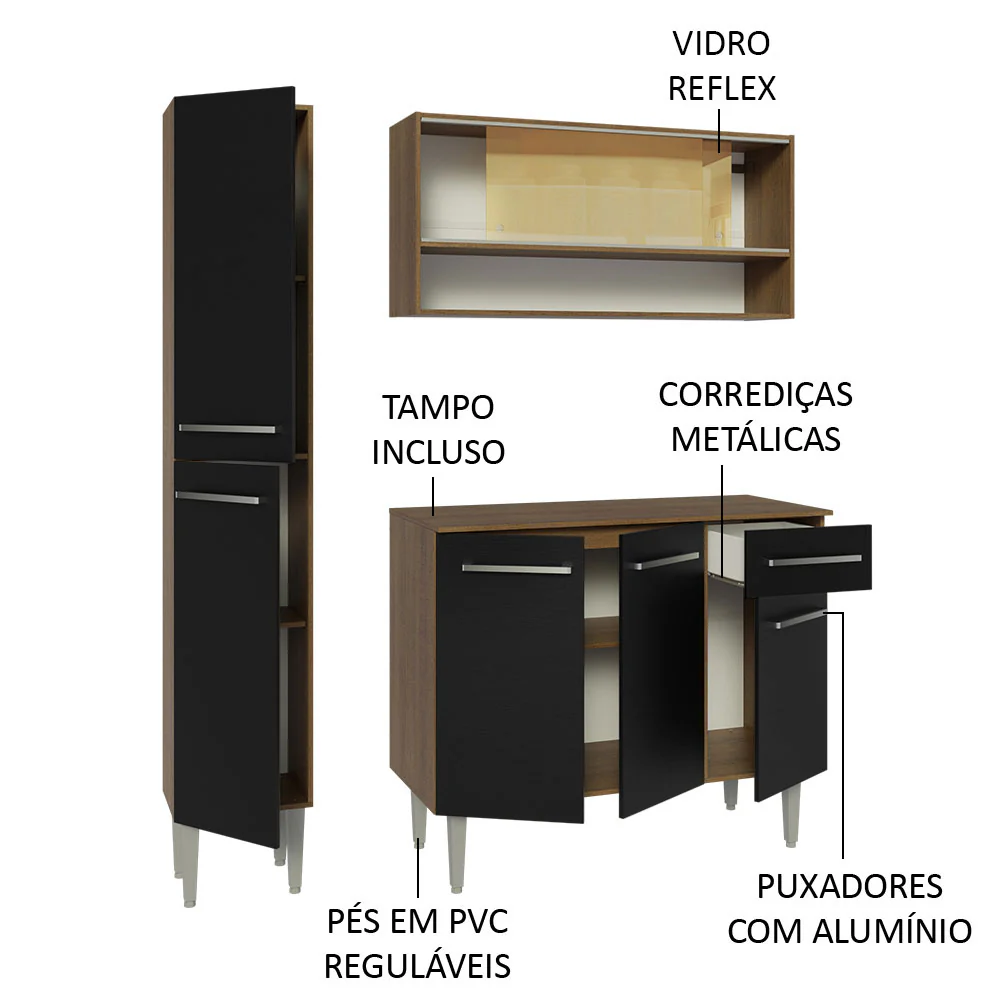 Armário de Cozinha Compacta 137cm Rustic/Preto Emilly Madesa 09 - Image 4