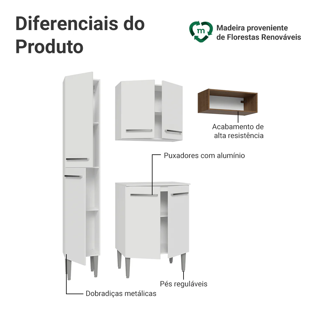Armário de Cozinha Compacta 156 cm Branco/Rustic Emilly Madesa 01 - Image 4