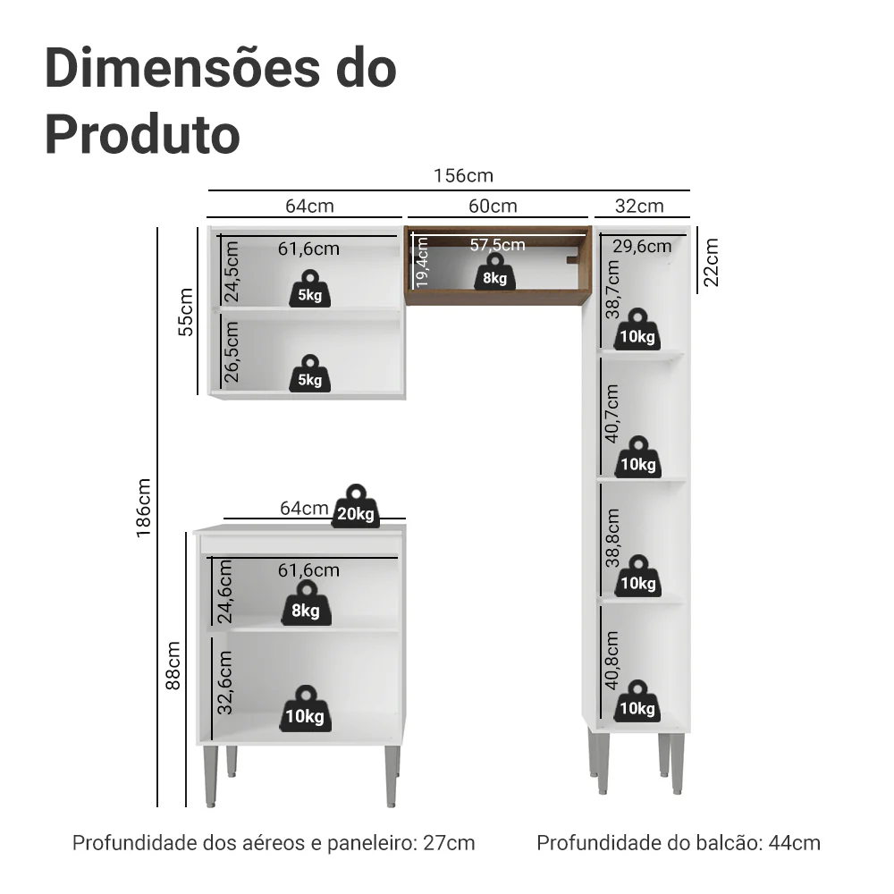 Armário de Cozinha Compacta 156 cm Branco/Rustic Emilly Madesa 02 - Image 3
