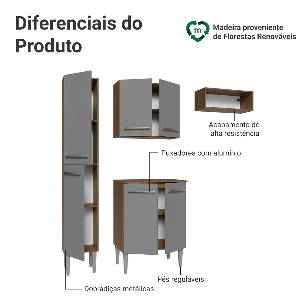Armário de Cozinha Compacta 156 cm Rustic/Cinza Emilly Madesa 01 - Image 4