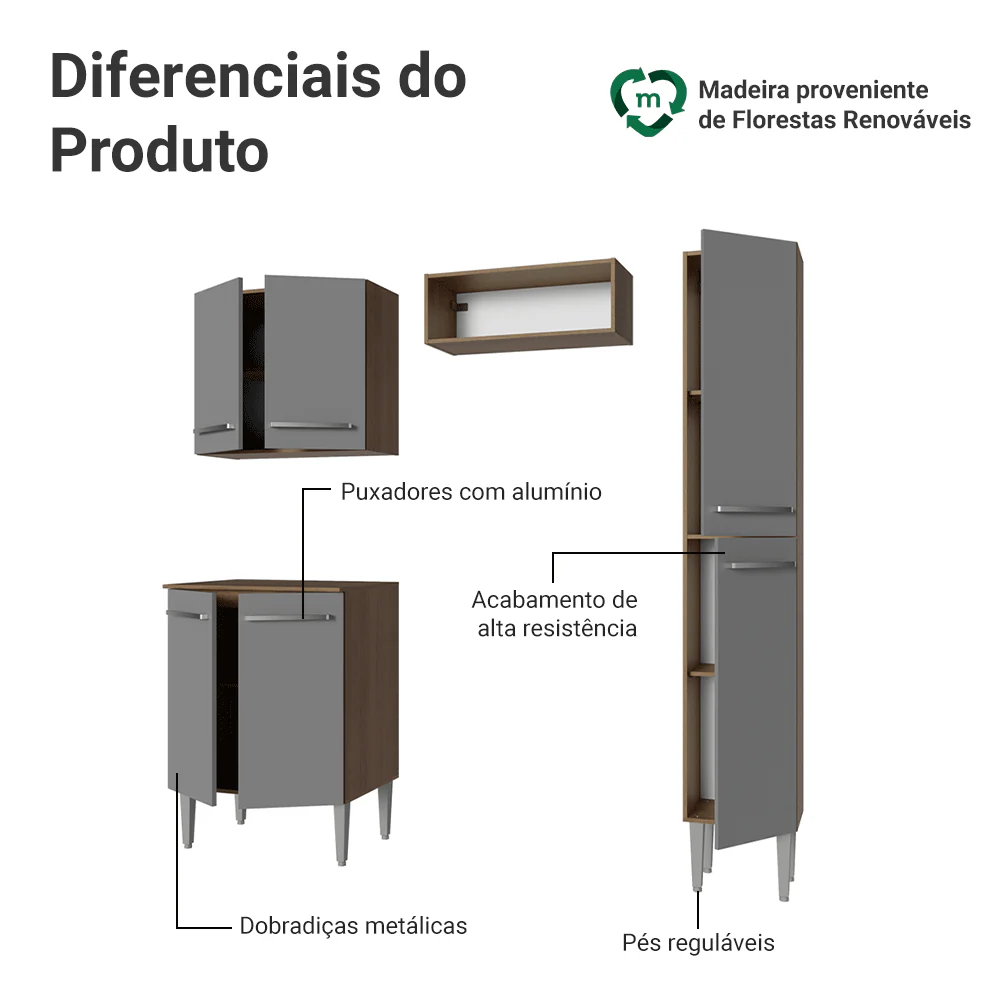 Armário de Cozinha Compacta 156 cm Rustic/Cinza Emilly Madesa 02 - Image 4