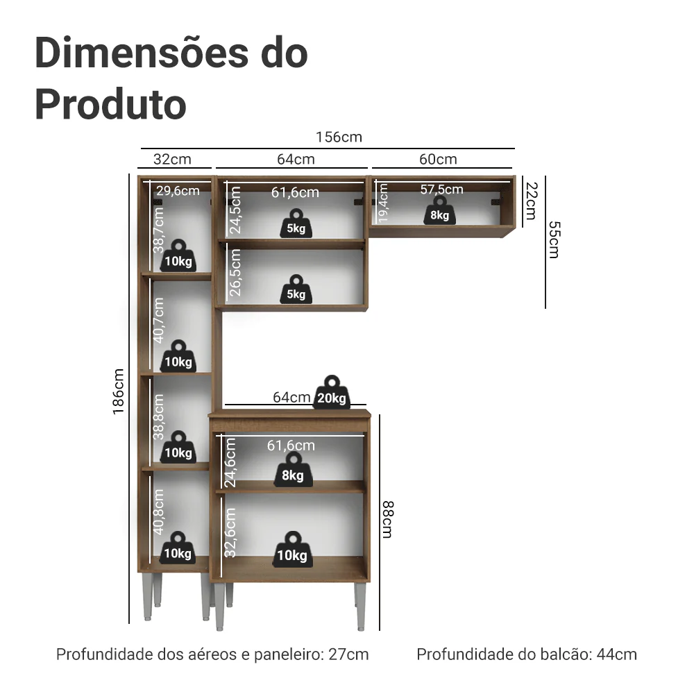 Armário de Cozinha Compacta 156 cm Rustic/Preto Emilly Madesa 01 - Image 3