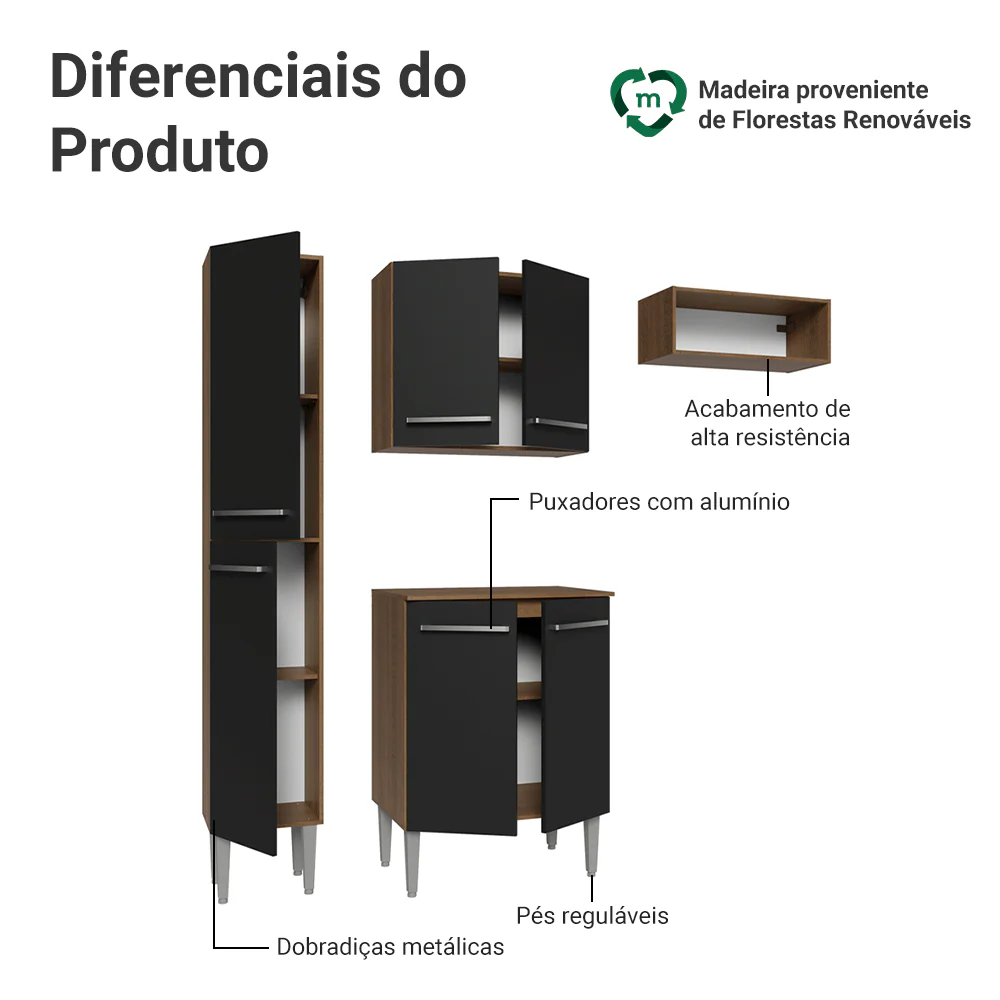 Armário de Cozinha Compacta 156 cm Rustic/Preto Emilly Madesa 01 - Image 4