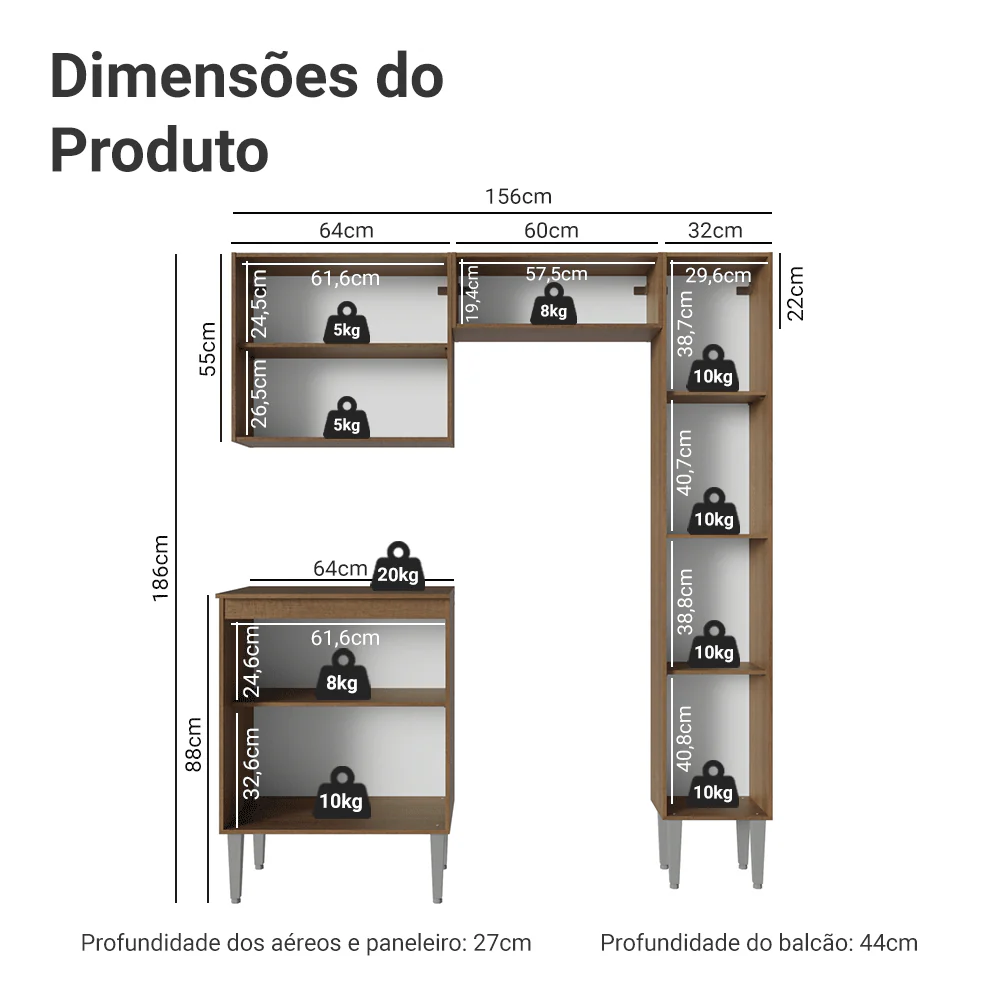 Armário de Cozinha Compacta 156 cm Rustic/Preto Emilly Madesa 02 - Image 3