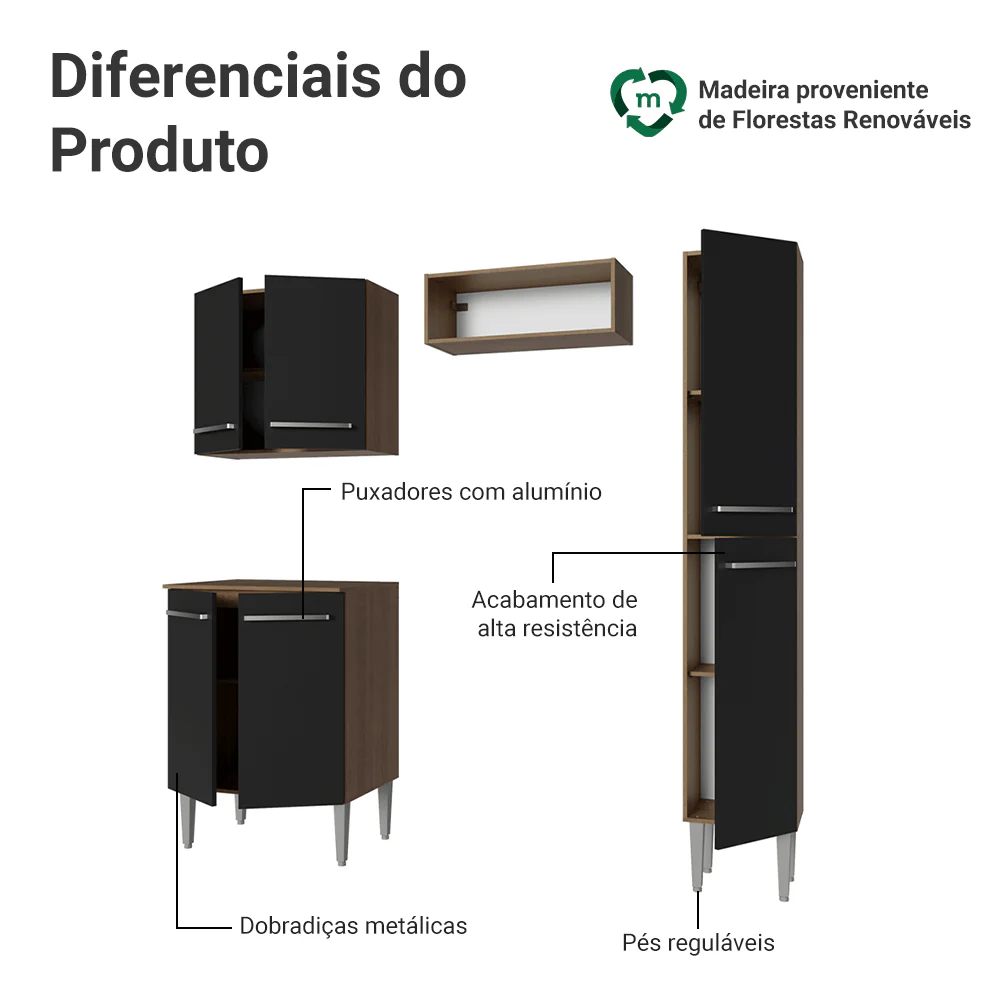Armário de Cozinha Compacta 156 cm Rustic/Preto Emilly Madesa 02 - Image 4