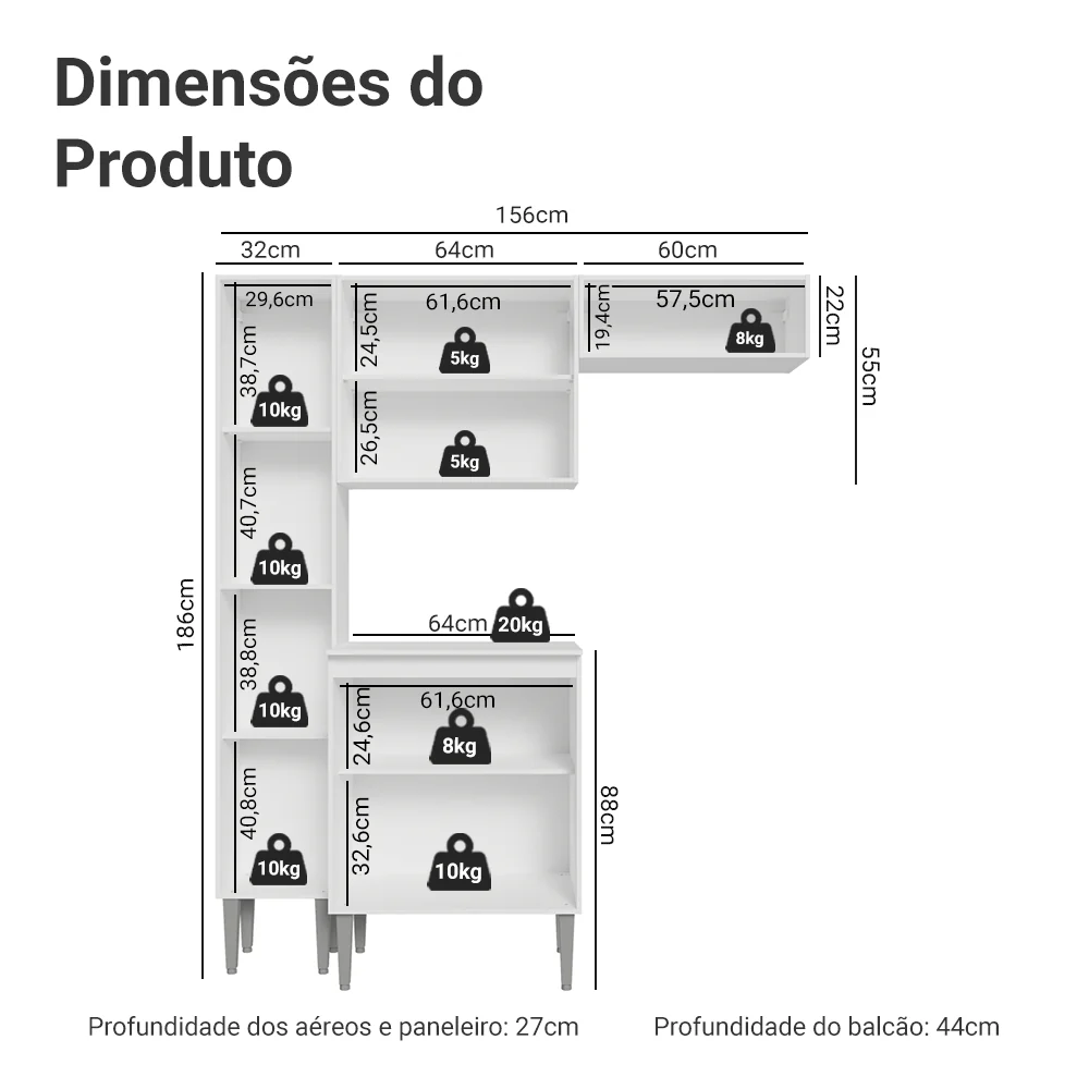 Armário de Cozinha Compacta 156cm Branco Emilly Madesa 01 - Image 3