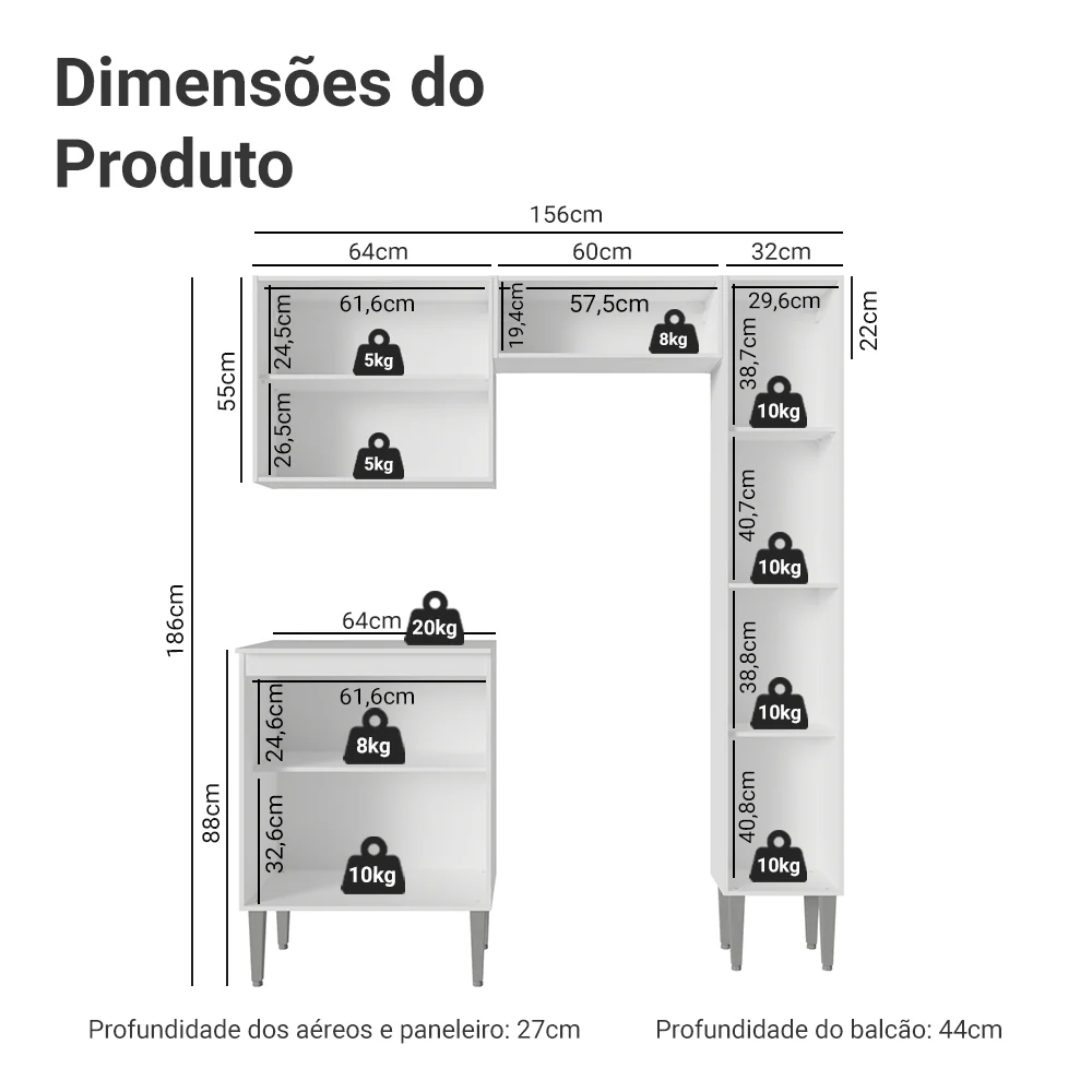 Armário de Cozinha Compacta 156cm Branco Emilly Madesa 02 - Image 3