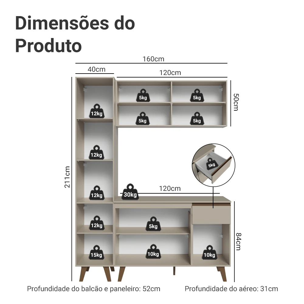 Armário de Cozinha Compacta 160 cm Crema Nice Madesa 01 - Image 3