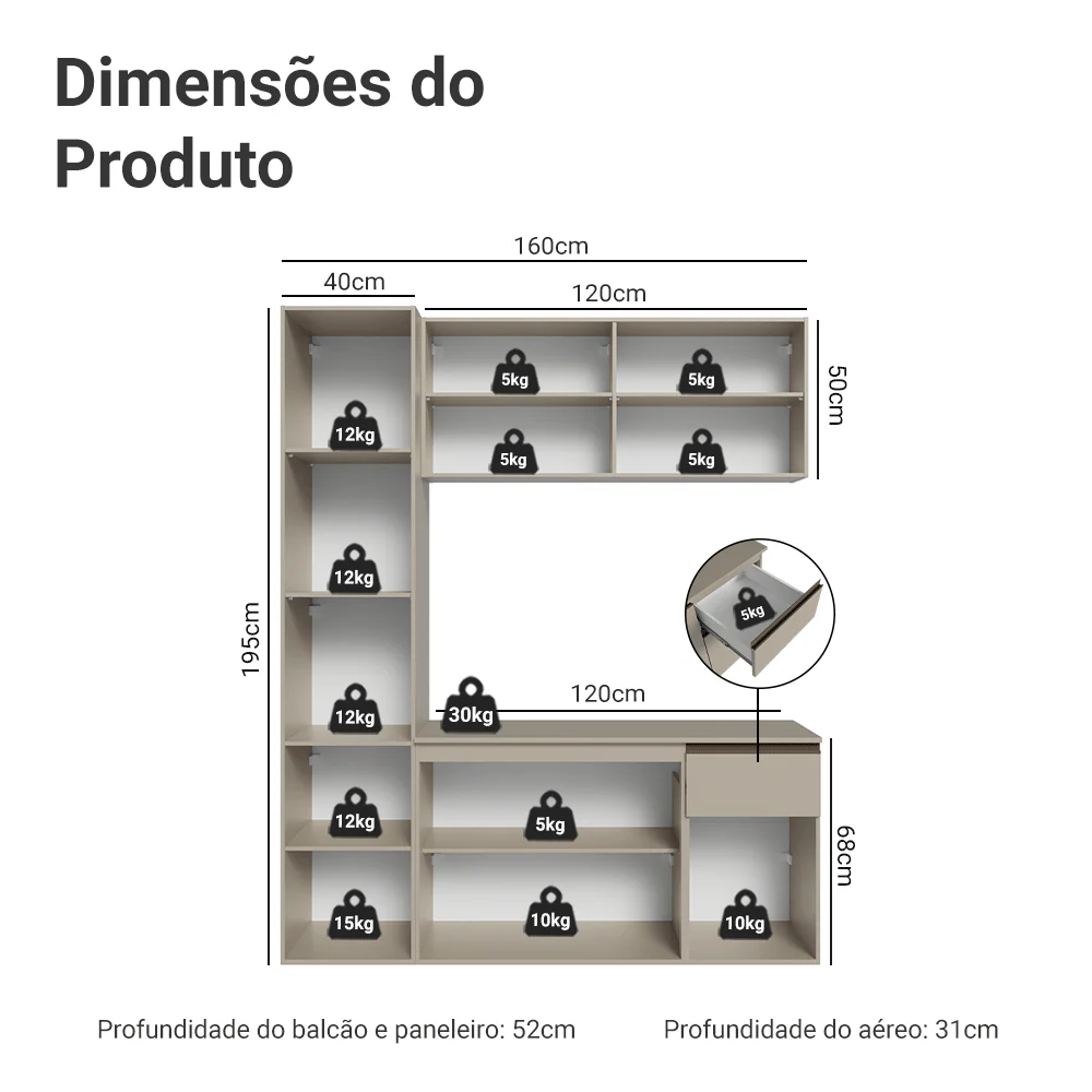 Armário de Cozinha Compacta 160 cm Suspenso Crema Nice Madesa 02 - Image 3