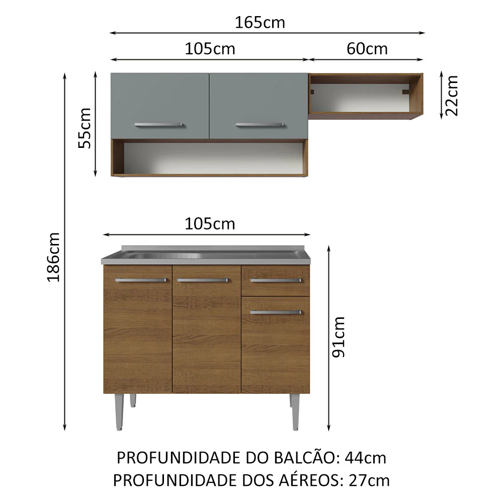 Armário de Cozinha Compacta 165cm com Pia Rustic/Cinza Emilly Madesa 09 - Image 3