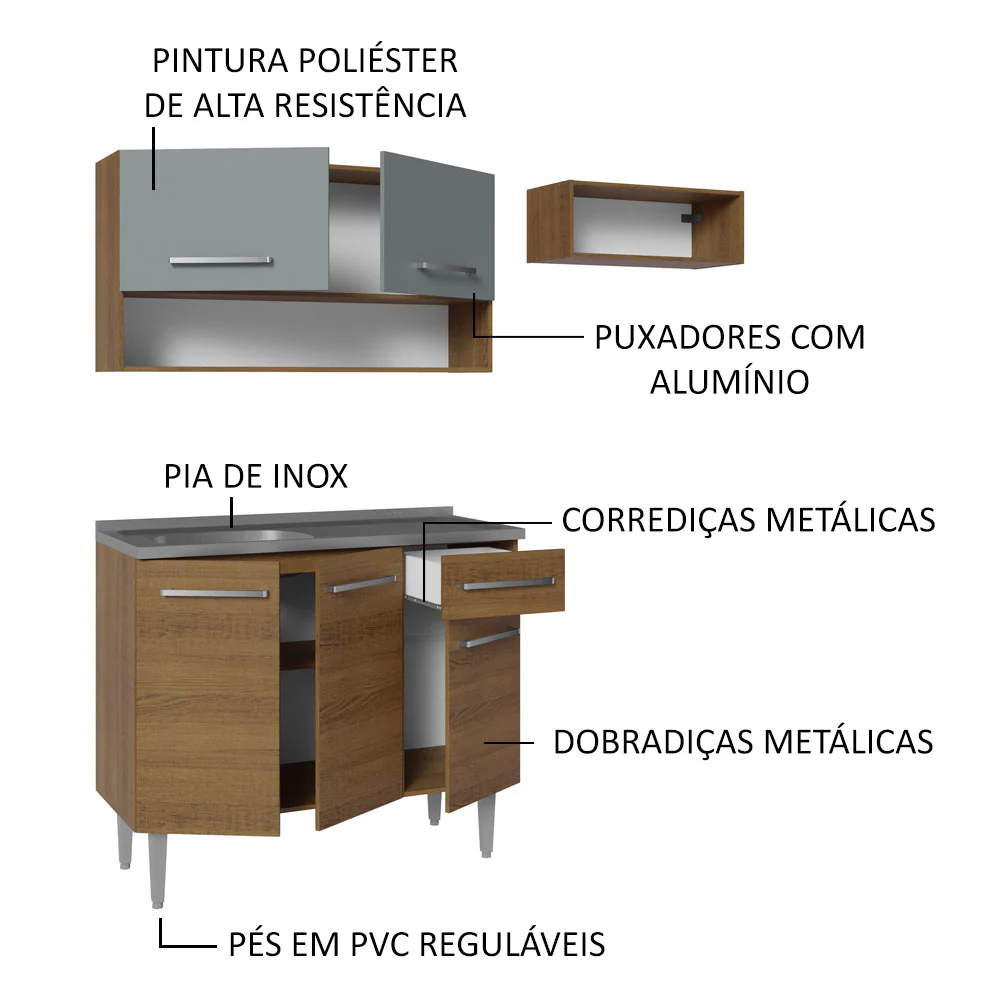 Armário de Cozinha Compacta 165cm com Pia Rustic/Cinza Emilly Madesa 09 - Image 4