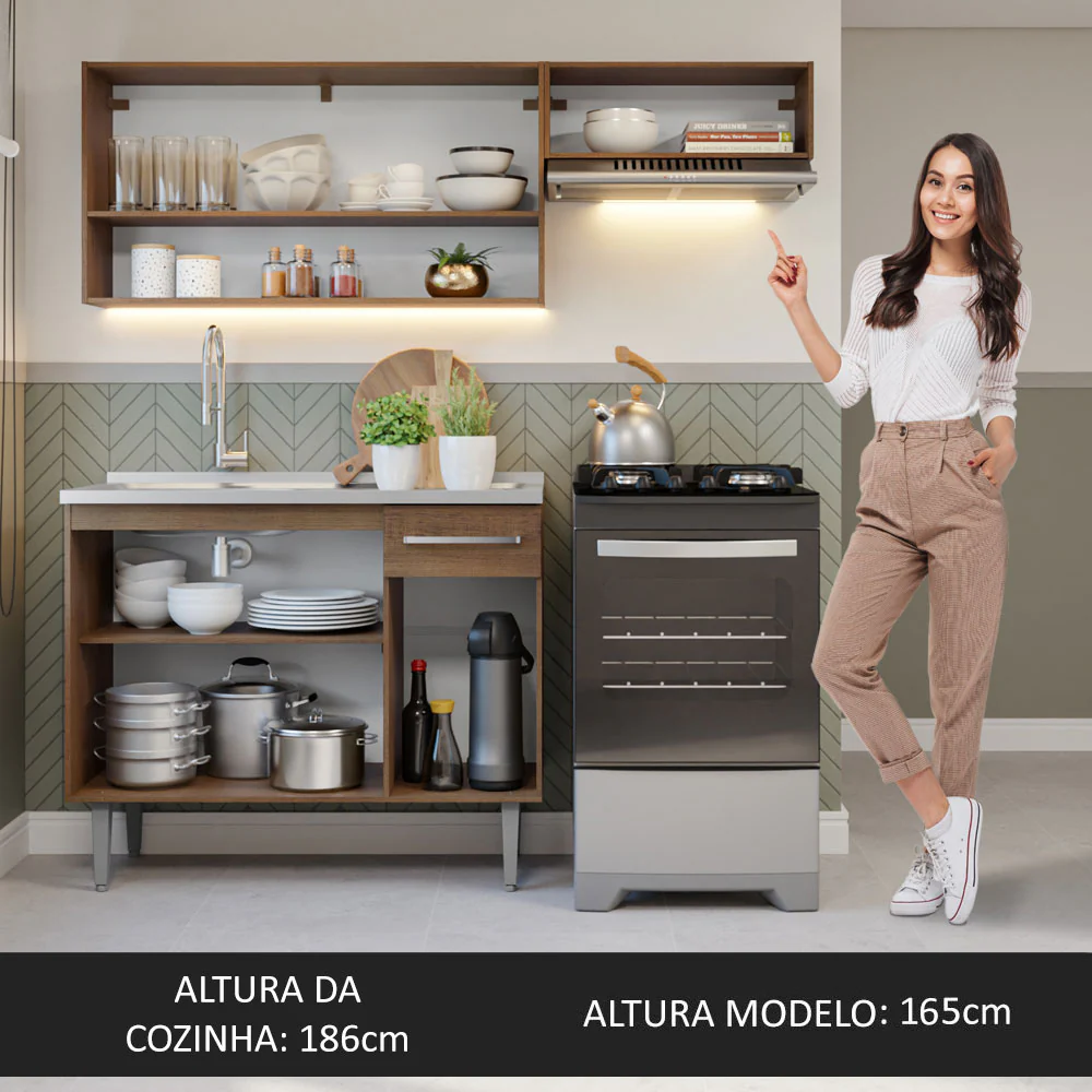 Armário de Cozinha Compacta 165cm com Pia Rustic/Cinza Emilly Madesa 09 - Image 6