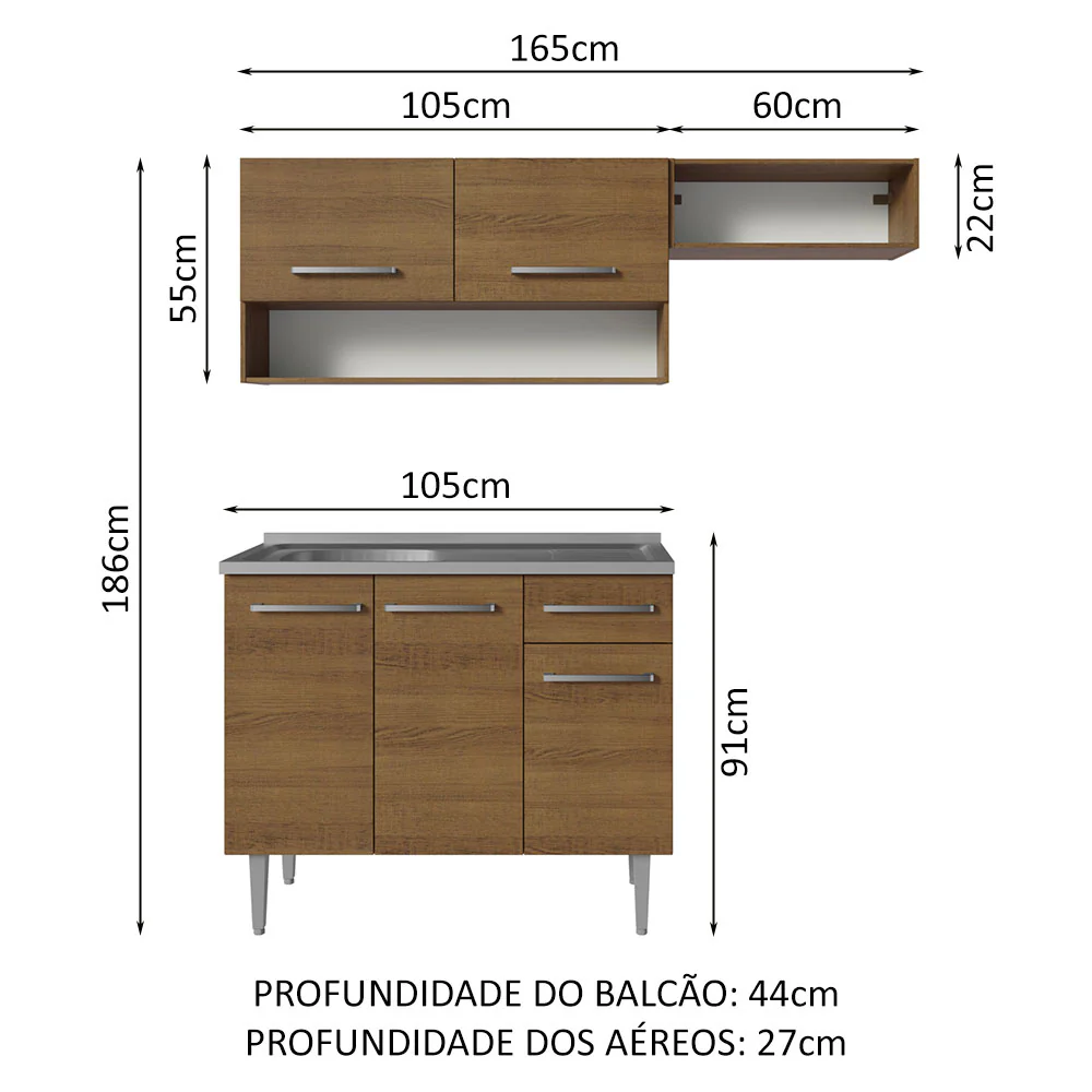 Armário de Cozinha Compacta 165cm com Pia Rustic Emilly Madesa 09 - Image 3