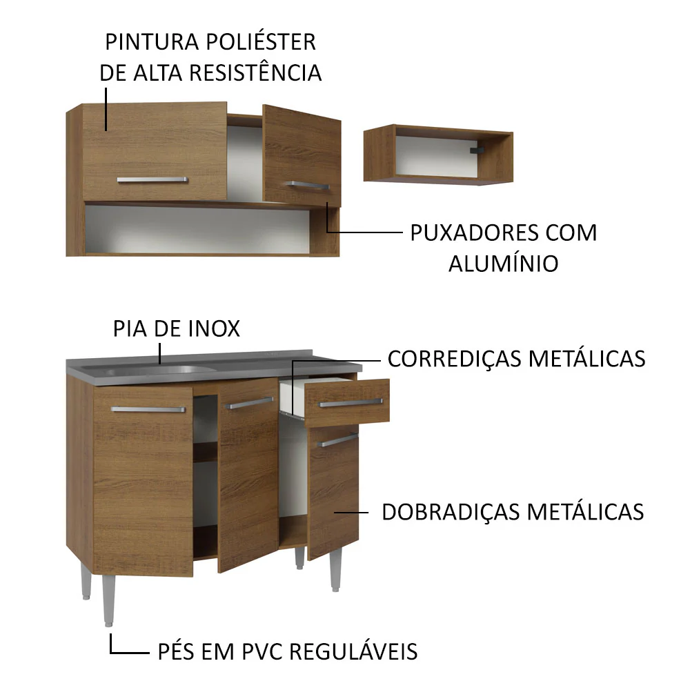 Armário de Cozinha Compacta 165cm com Pia Rustic Emilly Madesa 09 - Image 4