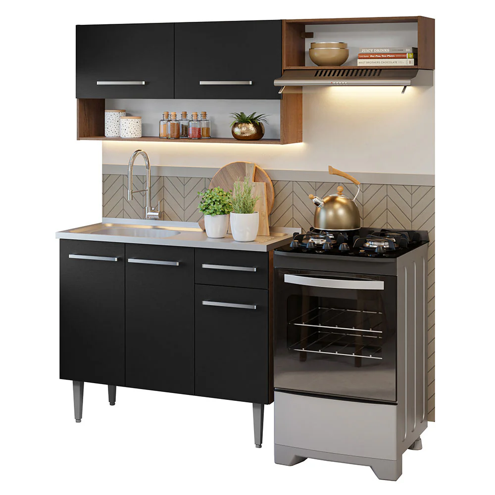 Armário de Cozinha Compacta 165cm com Pia Rustic/Preto Emilly Madesa 09 - Image 2
